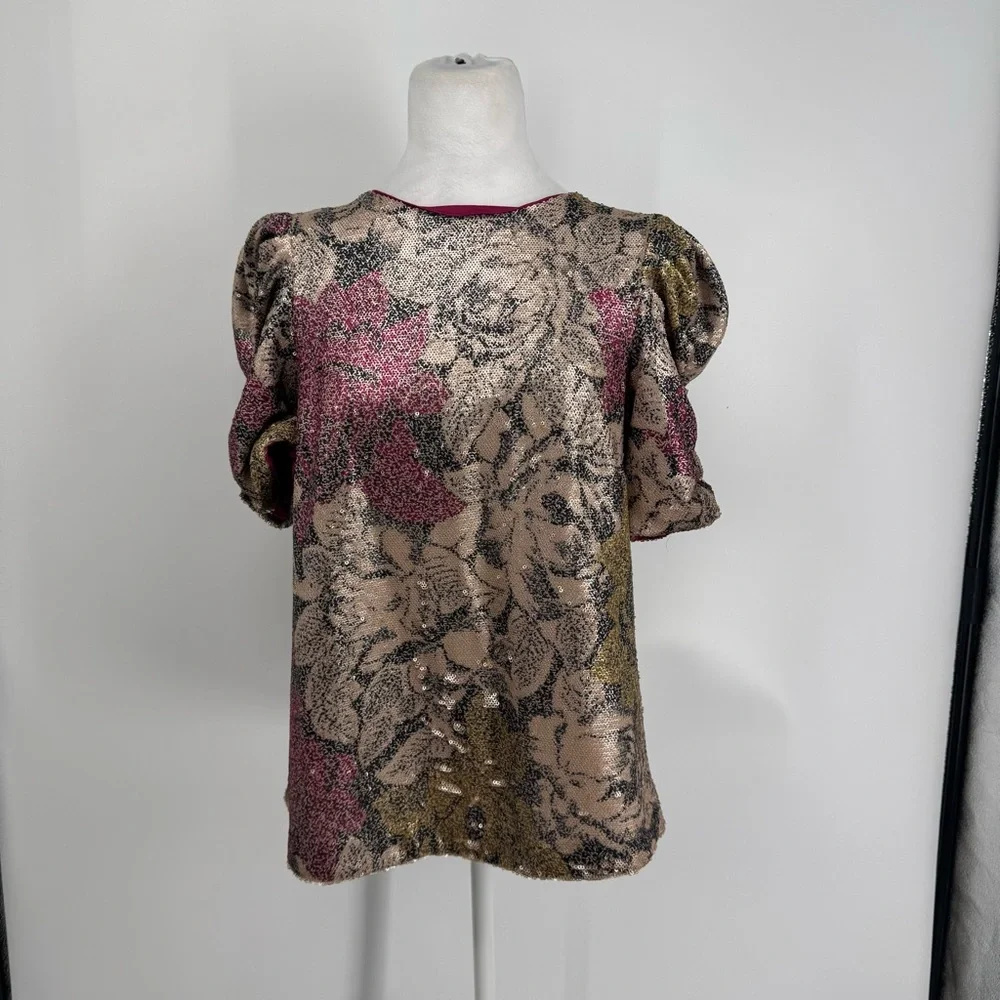 NWT Anthropologie Sequin Floral Puff Sleeve Top